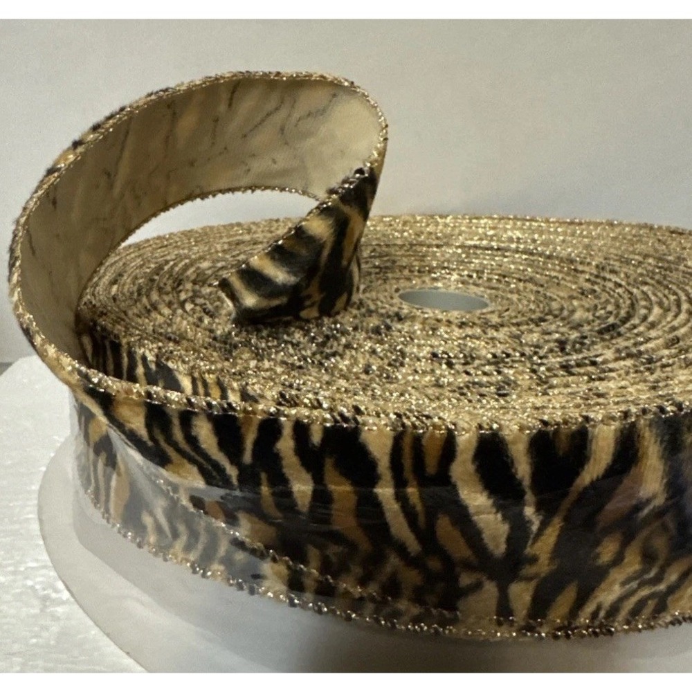 Gold Metallic Tiger Print Faux Fur Decorative Ribbon 2 Inch Wide Craft Spool - Picture 3 of 11